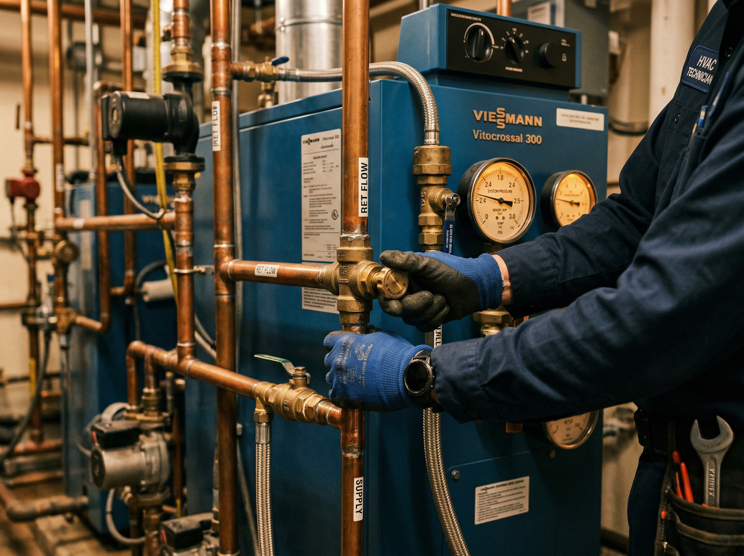 HVAC technician servicing a commercial boiler system